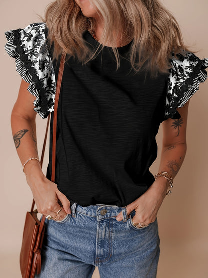 Blue Ricrac Trim Printed Flutter Sleeve Contrast Patchwork Blouse