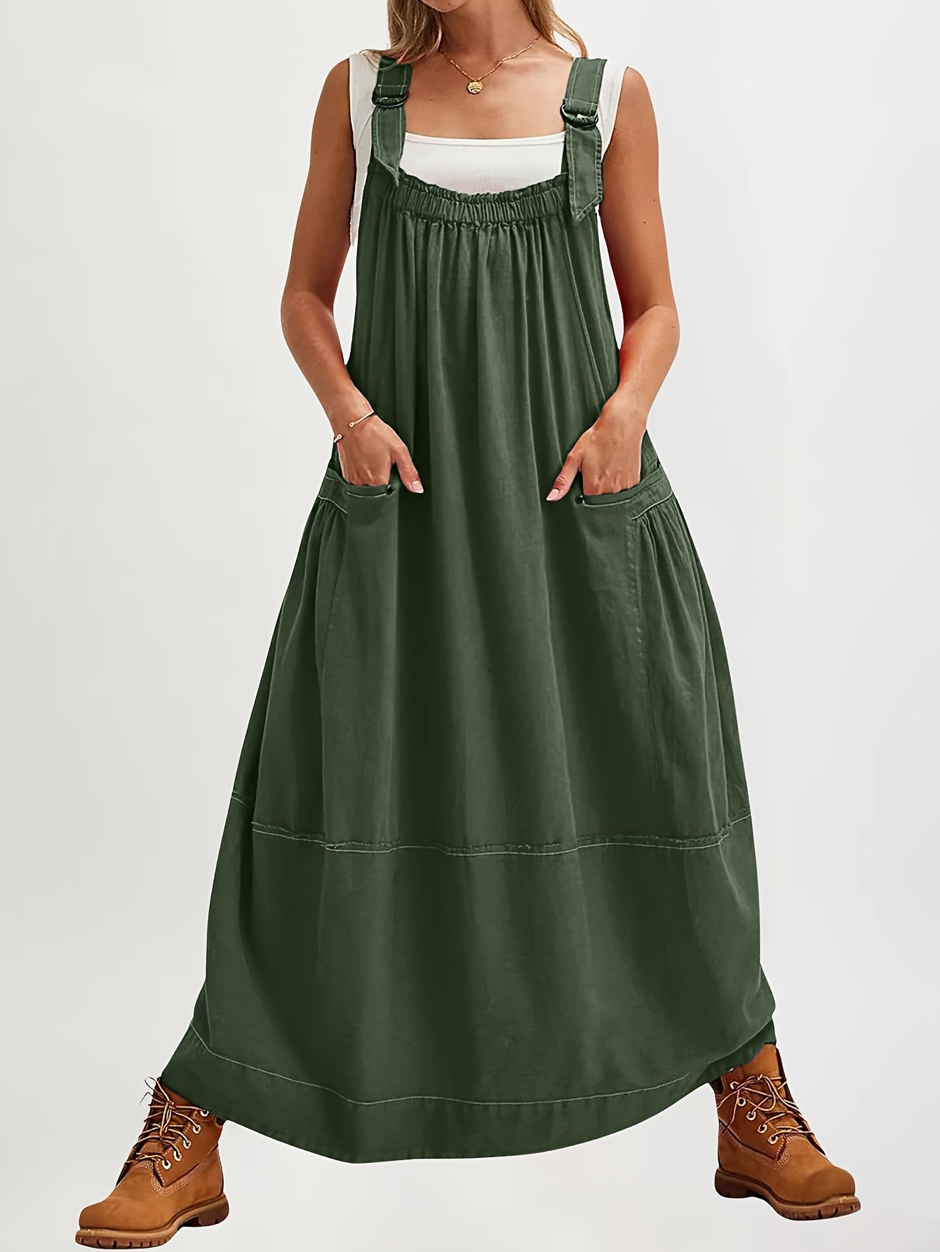 [Loose Midi Dress] Women's Loose Adjustable Strap Midi Overall Dress with Big Pockets in Workwear Style