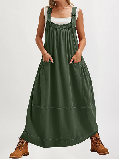 [Loose Midi Dress] Women's Loose Adjustable Strap Midi Overall Dress with Big Pockets in Workwear Style