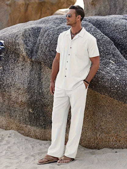 Men 2pcs Linen Outfit Beach Button- Shirt Casual Loose Pant Sets