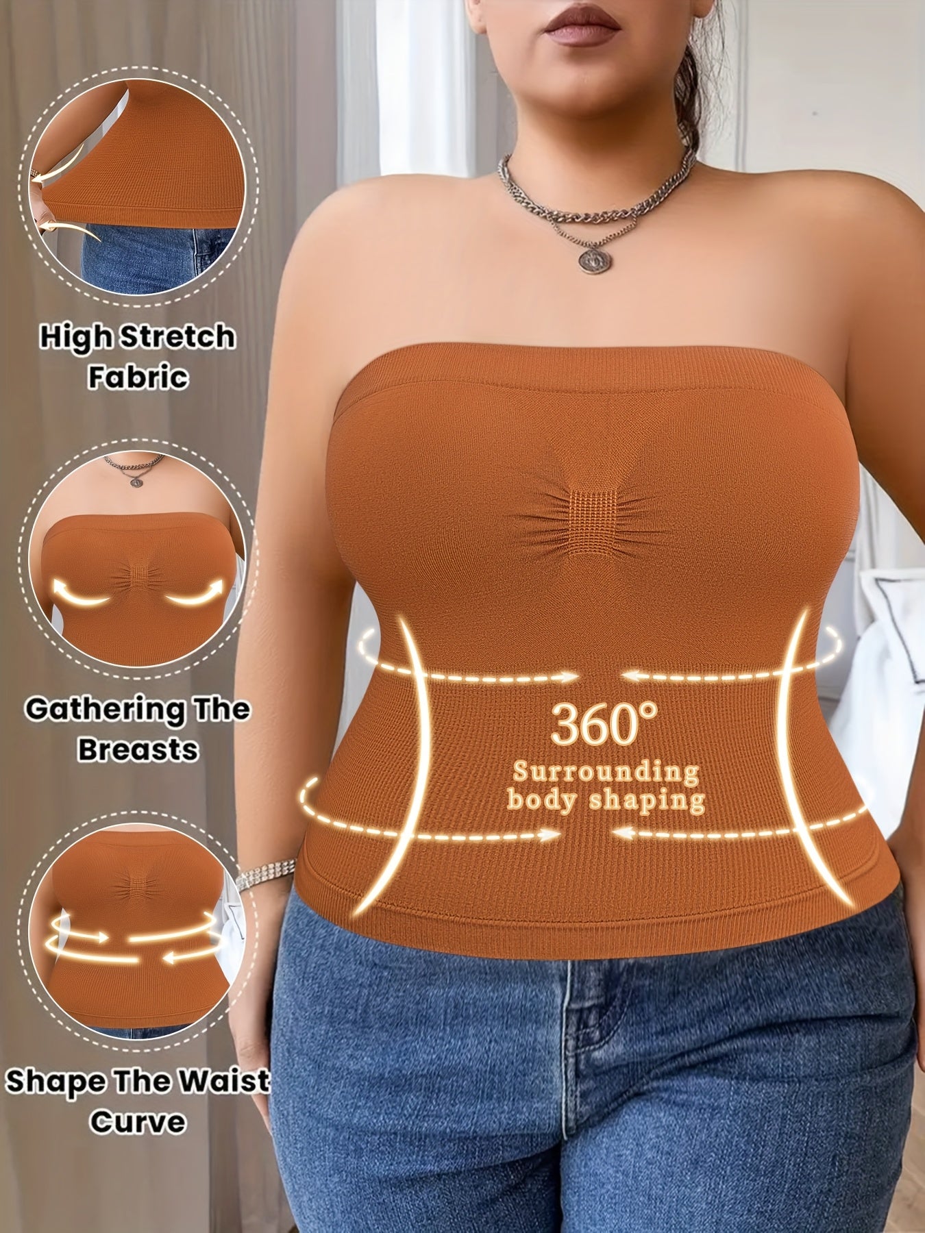 3-Pack Women'S Plus Size Waist Shaping Comfortable & Breathable Tube Top With Built-in Bra