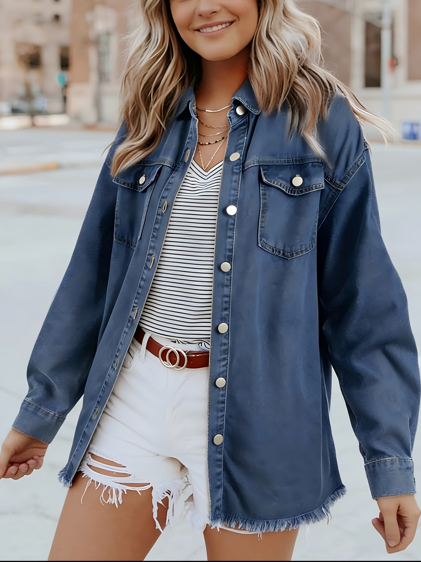 Casual Long-Sleeve Oversized Denim Jacket for Women, Distressed Jean Shirt for Fall Outfits in 2025