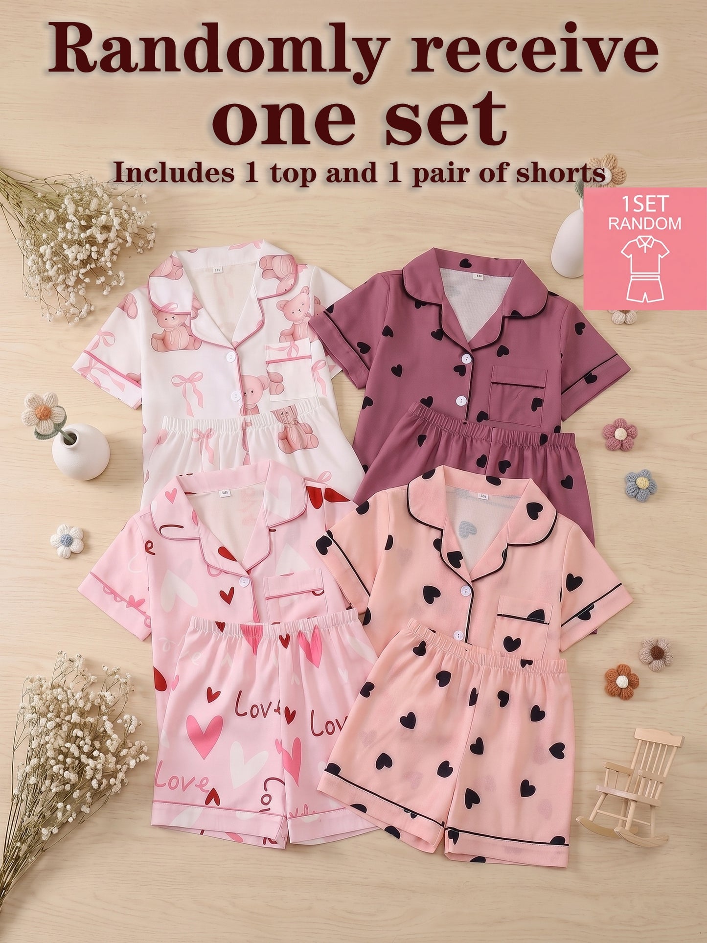 Random 1 Set!Girls' Lapel Pajama Set, Short-Sleeve Top And Elastic-Waist Shorts, Taro Purple Hearts, Light Pink Hearts, White with Teddy Bears And Bows, Pink with Black Hearts. Soft, Skin-Friendly Bubble Crepe for Cozy Home Wear
