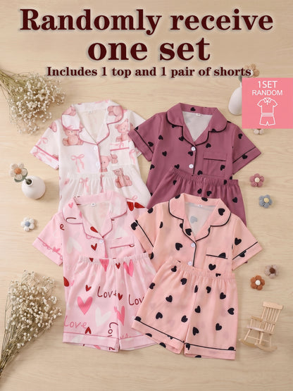 Random 1 Set!Girls' Lapel Pajama Set, Short-Sleeve Top And Elastic-Waist Shorts, Taro Purple Hearts, Light Pink Hearts, White with Teddy Bears And Bows, Pink with Black Hearts. Soft, Skin-Friendly Bubble Crepe for Cozy Home Wear