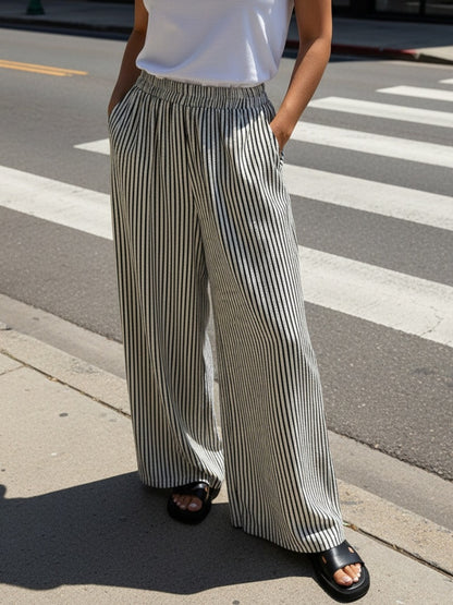 Casual Women'S Striped Wide-Leg Trousers Made Of, Featuring an Elastic Waistband, Machine Washable Fabric, Vertical Stripes, And Suitable for Comfortable Wear Throughout The Year