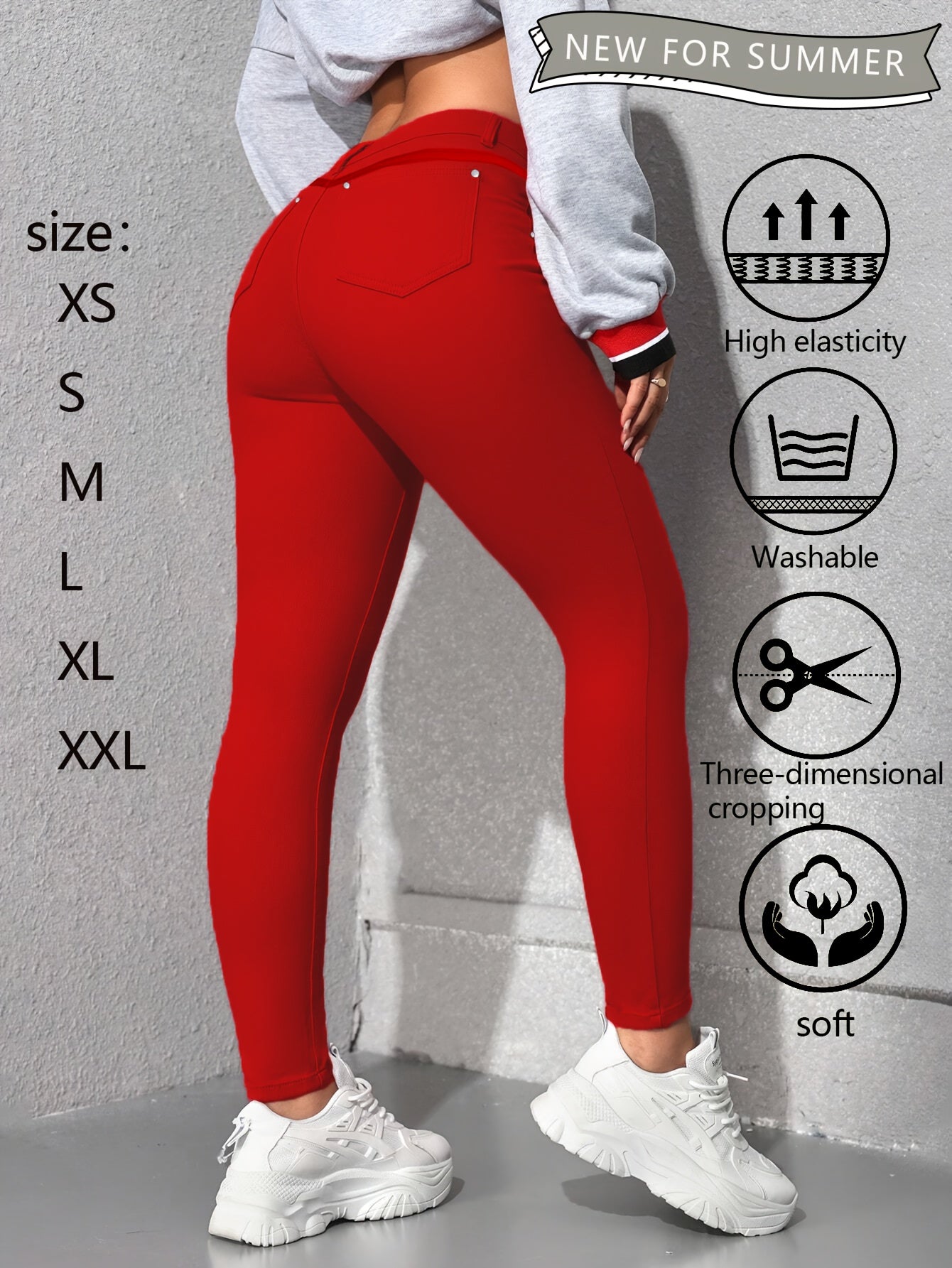 Womens Red High Waisted Skinny Jeans with Multiple Rivet Details High Elasticity Stretch Denim Pants Tummy Control Slim Fit Booty Lifting Design Soft Comfortable Machine Washable Summer New Arrival Casual Casual Attire Versatile Wardrobe Essential