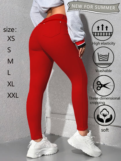 Womens Red High Waisted Skinny Jeans with Multiple Rivet Details High Elasticity Stretch Denim Pants Tummy Control Slim Fit Booty Lifting Design Soft Comfortable Machine Washable Summer New Arrival Casual Casual Attire Versatile Wardrobe Essential