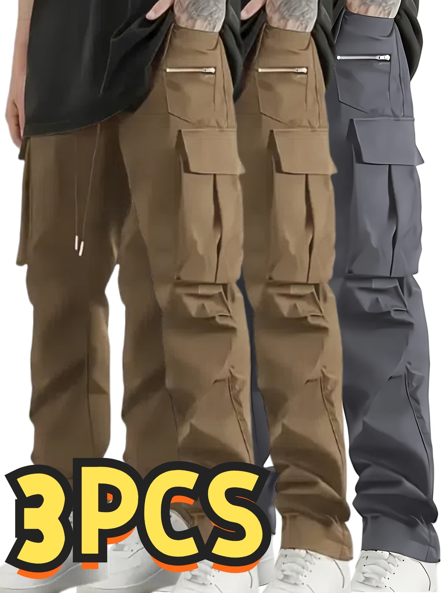 Set of 3 Men'S Relaxed Fit Work Trousers, Casual Cargo Style, Airy And Comfortable Loose Straight Leg Pants Featuring Various Pockets Suitable for All Seasons - Casual Outdoor Trousers Ideal for Hiking And Fishing