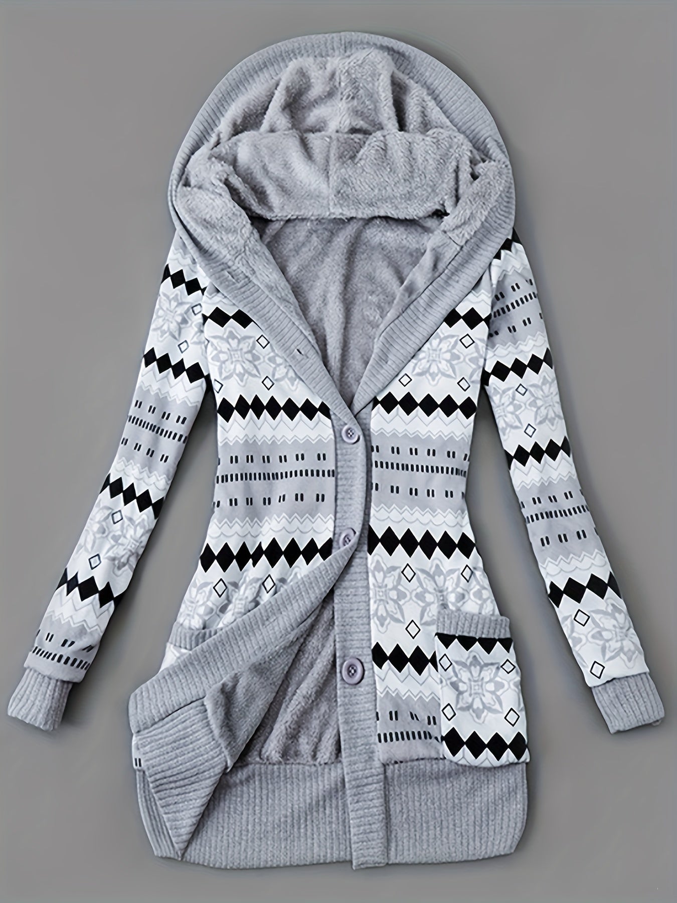 Women'S Fall Winter Casual Hooded Jacket, Warm Fleece Lined Long Sleeve Coat with Geometric Pattern And Colorblock Design