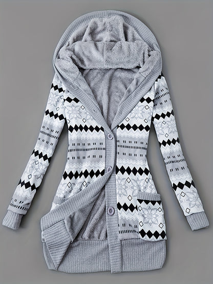 Women'S Fall Winter Casual Hooded Jacket, Warm Fleece Lined Long Sleeve Coat with Geometric Pattern And Colorblock Design