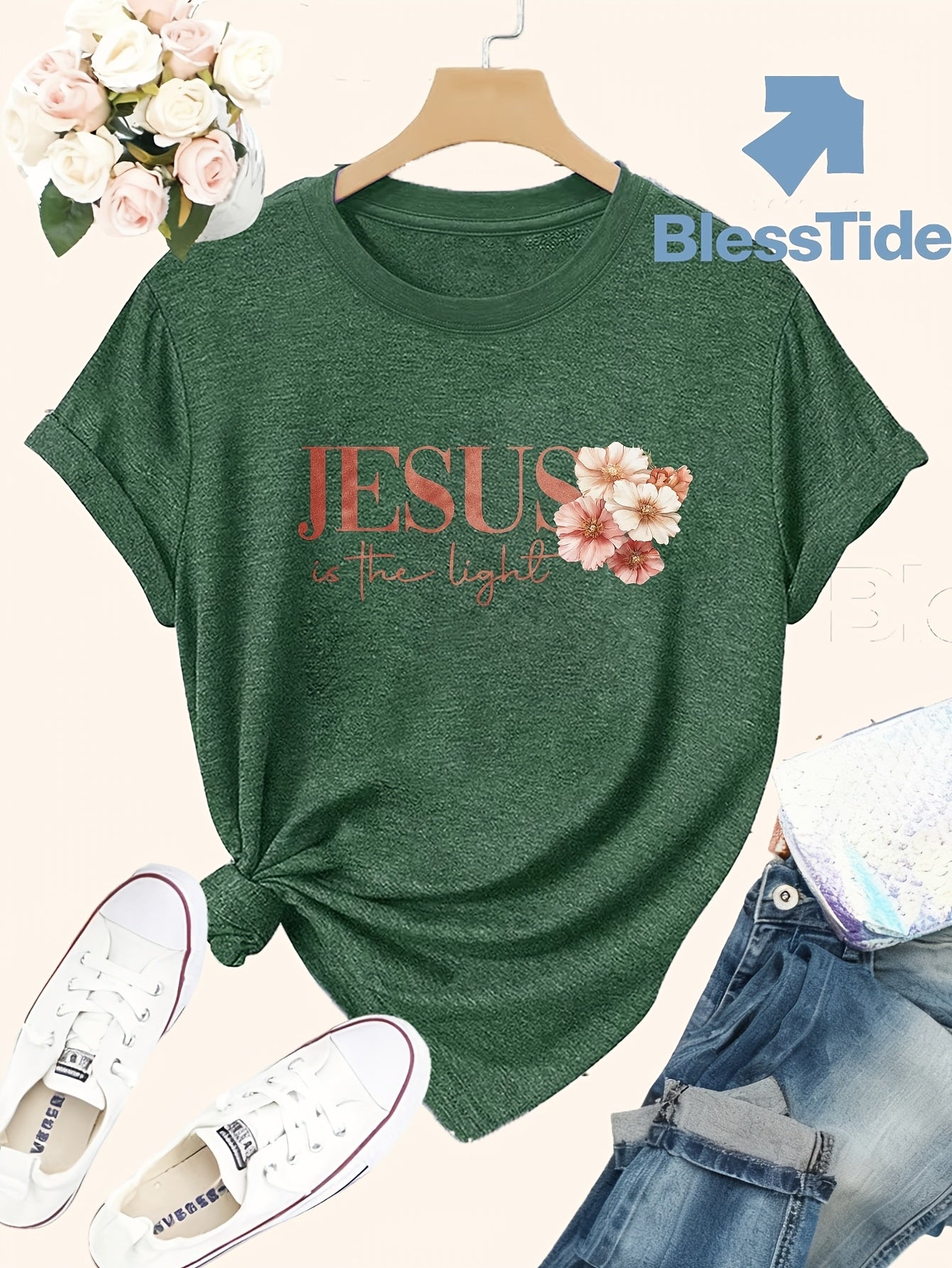 Jesus Floral Cross Double-Sided Print T-shirt - Stylish Faith-Inspired Design for Casual Wear, Perfect for Christian Women, Trendy and Comfortable -blend T-shirt with Double-sided Print