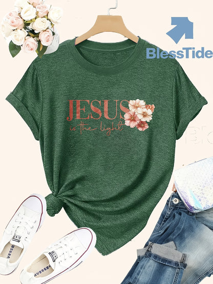Jesus Floral Cross Double-Sided Print T-shirt - Stylish Faith-Inspired Design for Casual Wear, Perfect for Christian Women, Trendy and Comfortable -blend T-shirt with Double-sided Print