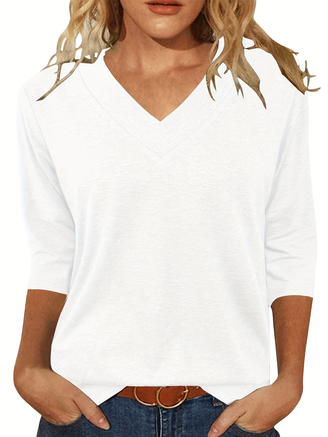 Three-piece Women's 3/4 Long-sleeved Top, Fashionable Ladies' Casual Shirt, Comfortable And Breathable V-neck Three-quarter Sleeve T-shirt