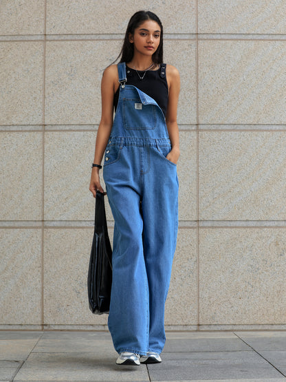 Fashion Multi-pocket Leopard Print Loose Denim Jumpsuit, Retro Old Trend Straight Wide-leg Pants Suitable for All Seasons.
