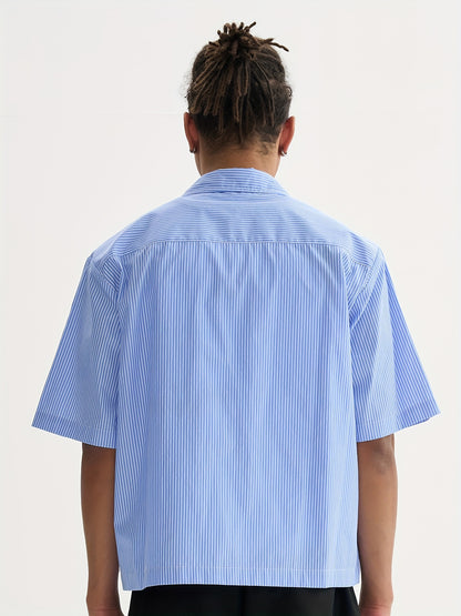 Unisex Casual Striped Shirt - Oversized, Loose Fit, Short Sleeve with Chest Patch Pocket | Lightweight Polyester Fabric | Perfect for Everyday, Beach, Party & Streetwear | Casual Attire | Chic Casual Style | Nontransparent Fabric