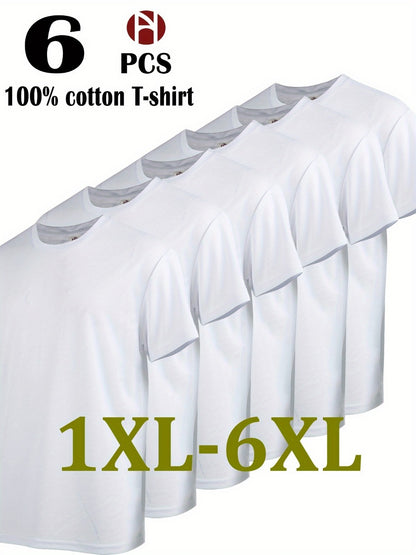 Men's 6-Pack Plus Size Cotton T-Shirts - Solid Color Crew Neck Basics
