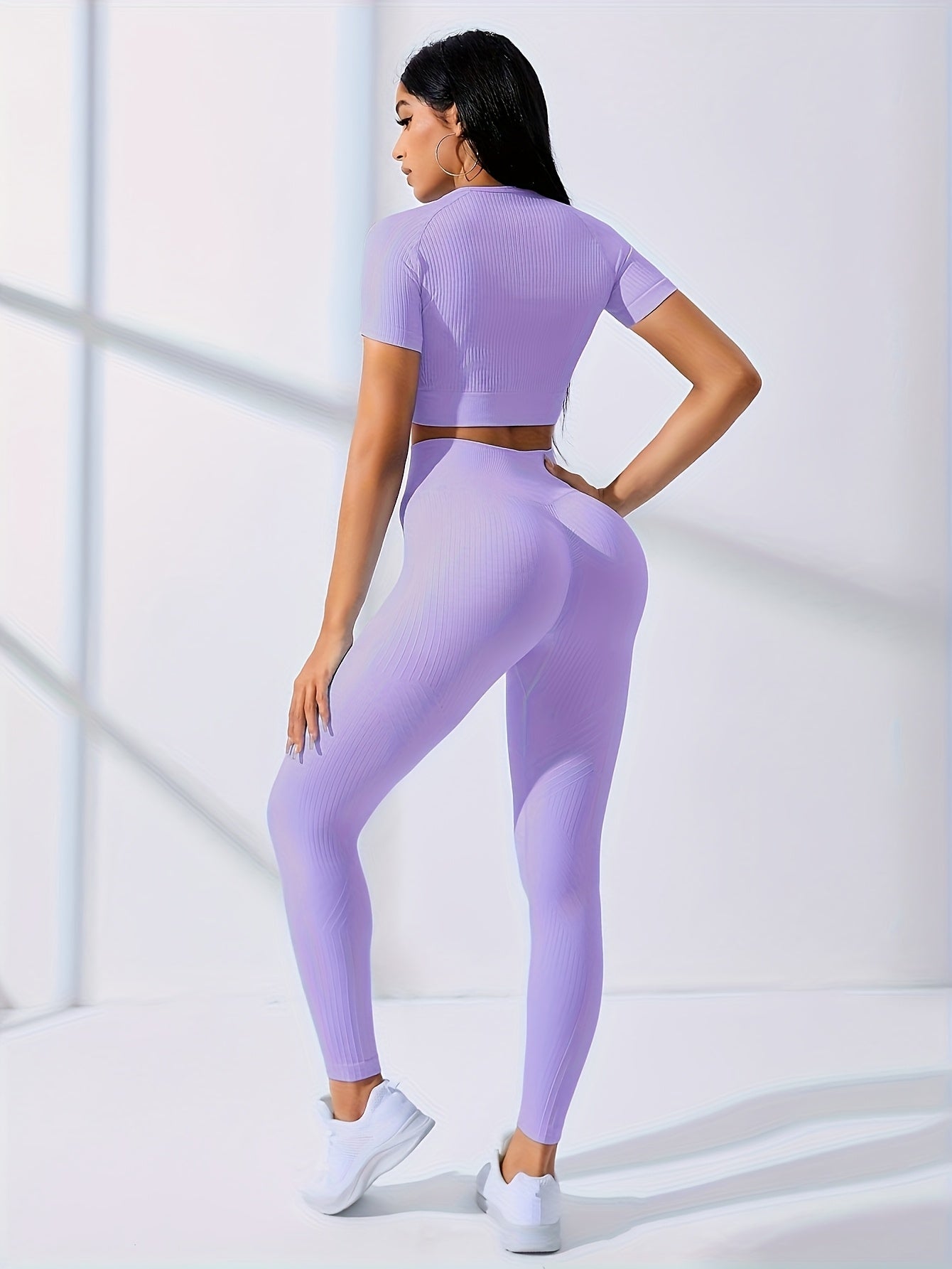 Women's 2pcs Workout Set - Yoga Top & Leggings, Crew Neck, Medium Stretch, Solid Color, All-Season Activewear, Workout