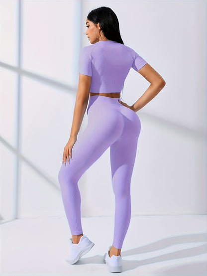 Women's 2pcs Workout Set - Yoga Top & Leggings, Crew Neck, Medium Stretch, Solid Color, All-Season Activewear, Workout