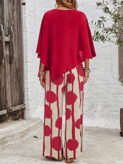 Women's Solid Crew Asymmetrical Hem Shirt And Full Body Print Pant Set