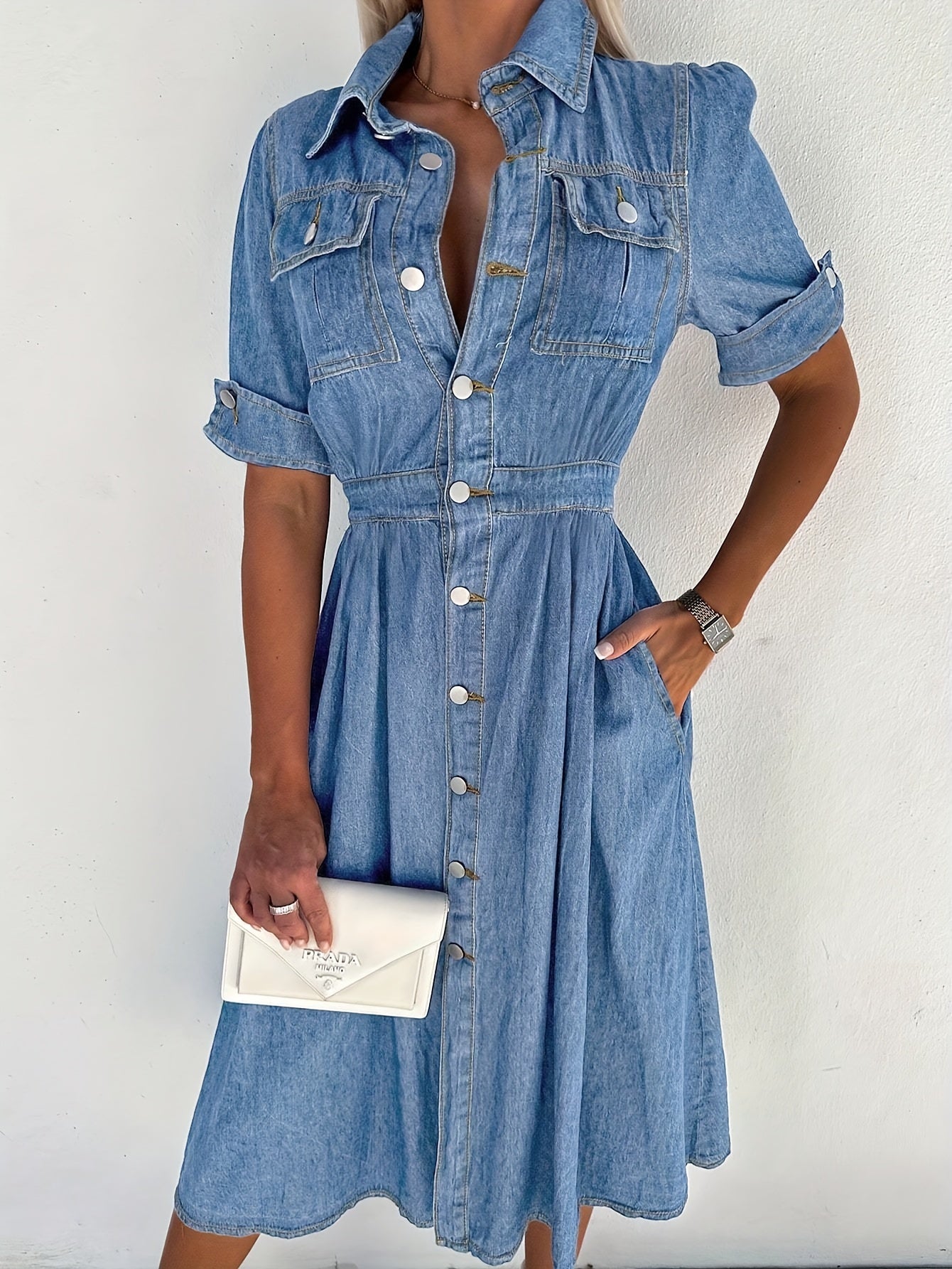 Women's waist a-line Jean Dress Row button V-neck dress