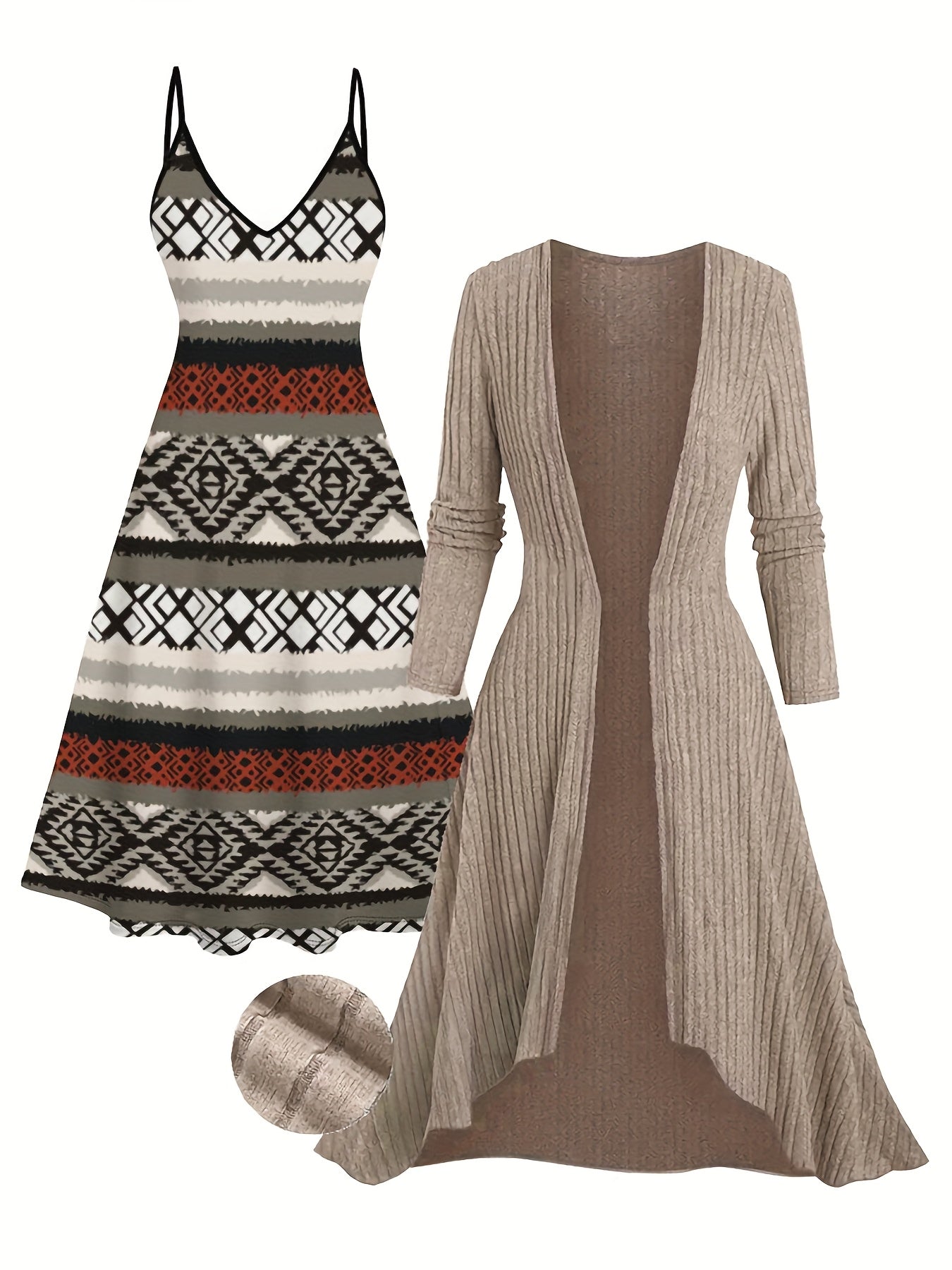 Plus Size - Plus Size, Women'S Bohemian Dress Set - Strapless Maxi Dress & Long Cardigan Coat, Maroon & Black/White/Gray/Beige/Red/Blue/ Green/Orange/, Stretchy Fabric for Resort, Casual, Formal Events - Elegant Boho Outfit