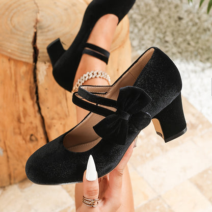 Chic And Sophisticated Round-Toe Velvet Pumps with a Chunky Heel And Bow, Perfect for Weddings, Parties, Office Attire, Everyday Wear, Christmas, And Spring/Autumn Outfits., Women Shoes