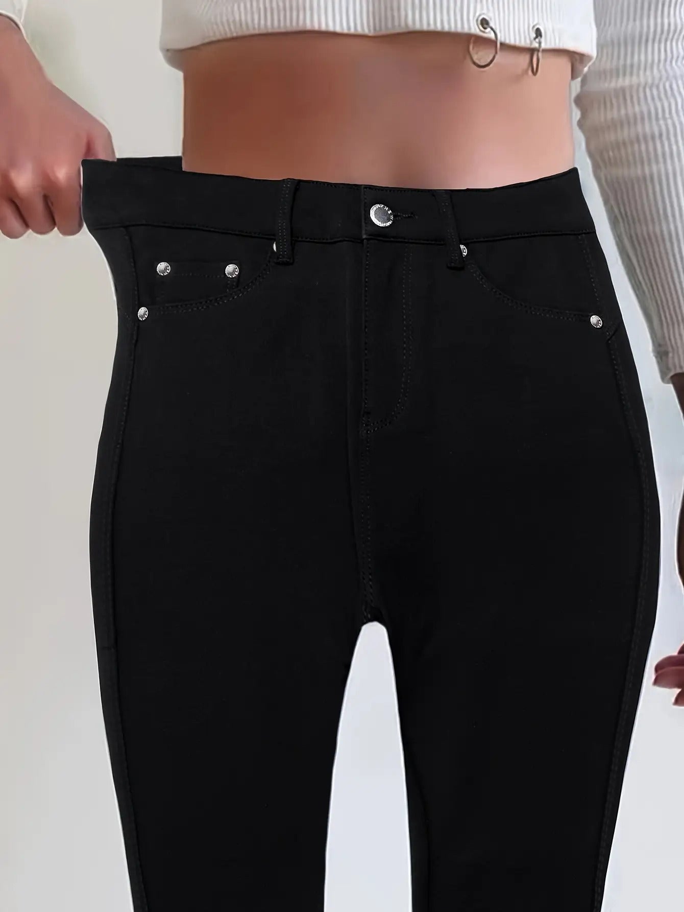 Women's High-Waisted Stretchy Street Style Solid Black Slim-Fit Jeans with Metal Button Details