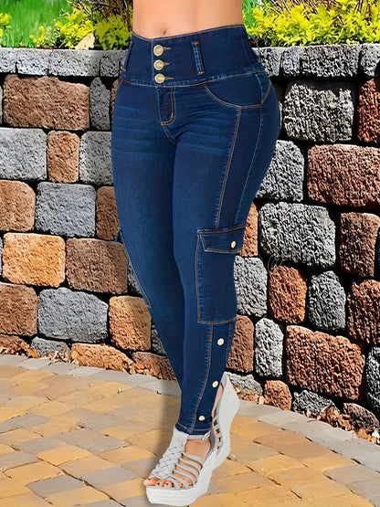 Women'S Stretch Fashionable Mid Waist Deep Blue Slim Fit Small Leg Jeans, Three Button Waistband, All Season Casual Style, Comfortable Material, Solid Color, Machine Washable, Daily Home, Outdoor Sports, Street Wear