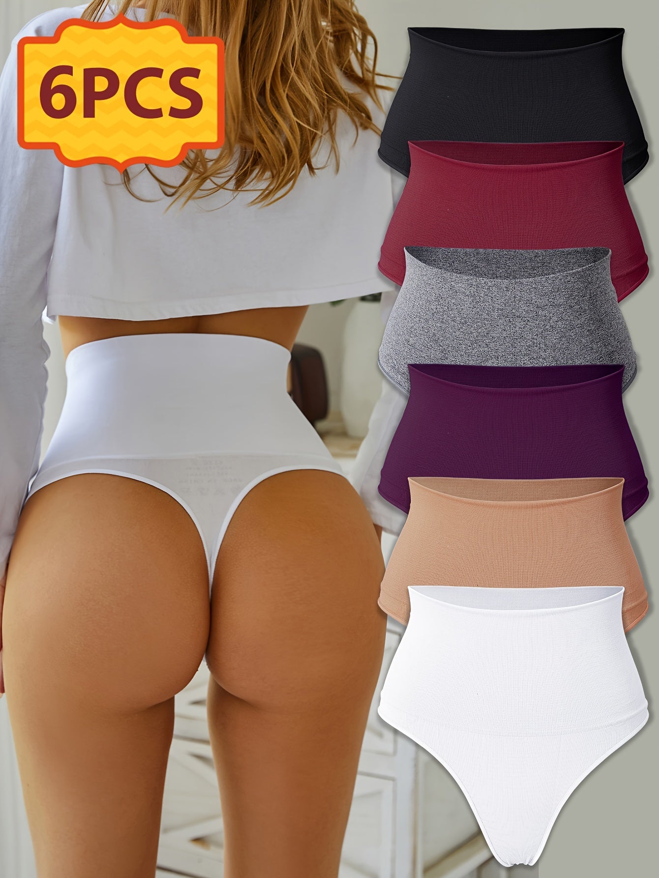 6pcs Women's High Waisted Thong Underwear - Seamless Tummy Tights with Hip Lift & Butt Lifting, Solid Color Breathable Elastic Panties Suitable for Daily Commuting, Gym,, Non- Full Coverage High Panties