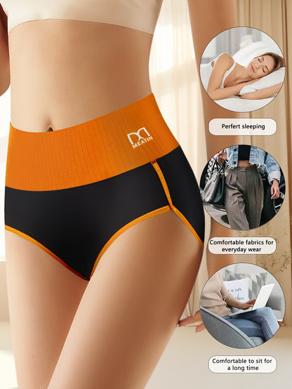 5pcs Women's High Waisted Underwear - Tummy Control Full Coverage Panties with Soft Seamless Briefs, Contrast Color Belt & Striped Minimalist design - Full-Elastic-Rim High- Triangle Briefs for Daily Wear (5pcs)