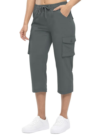 3pcs Women'S Fashionable Cargo Capri Pants for Summer, with Elastic Waistband And Pockets - Casual Sports Capri Pants, Breathable Blend