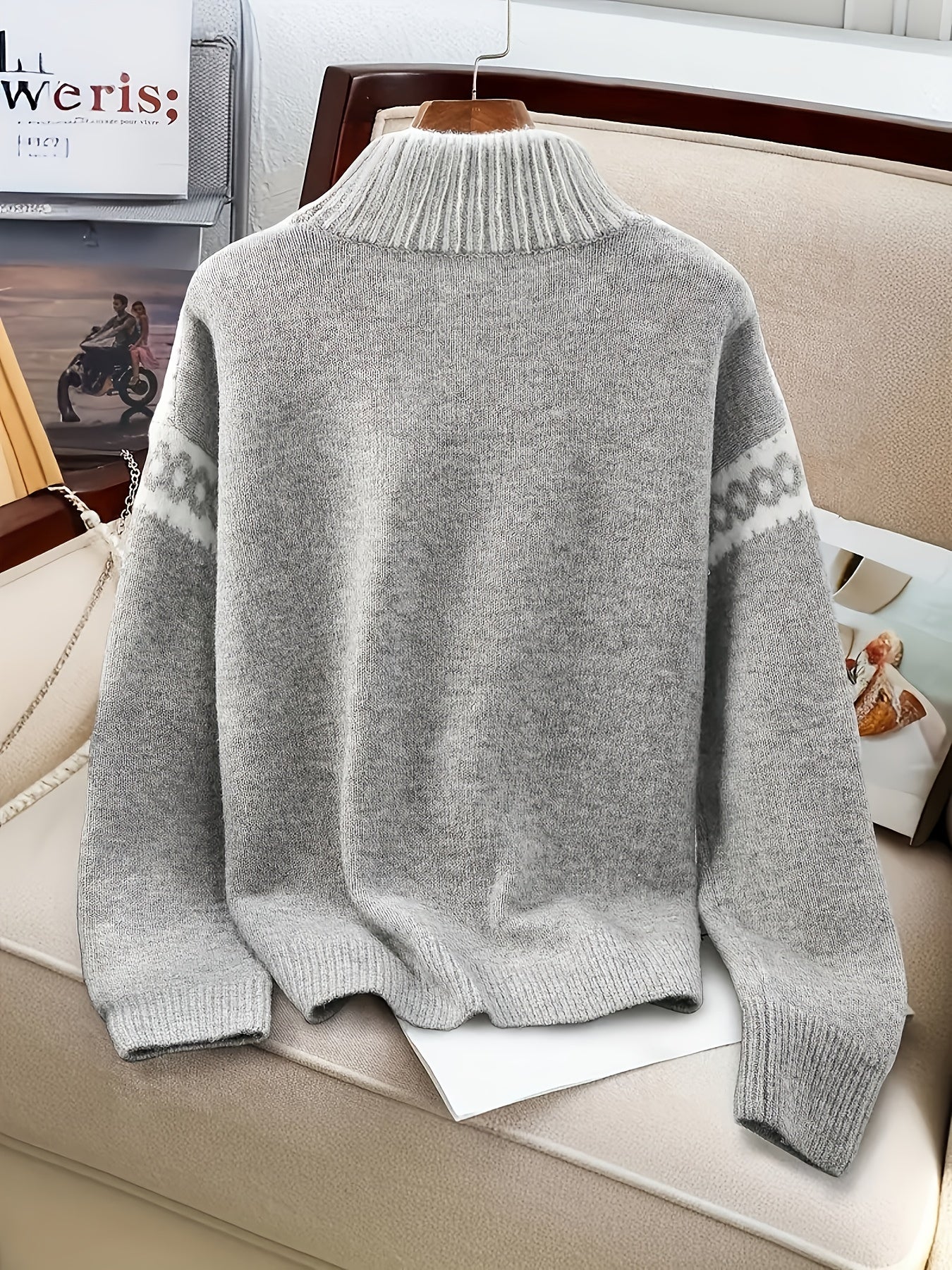 Nordic Snowflake High Neck Sweater, Gray Embossed Knitwear · Lazy Style Loose Fitting Design for a Slender Look Winter Layering Versatile Piece Gentle Feel Warm Comfortable Soft Texture