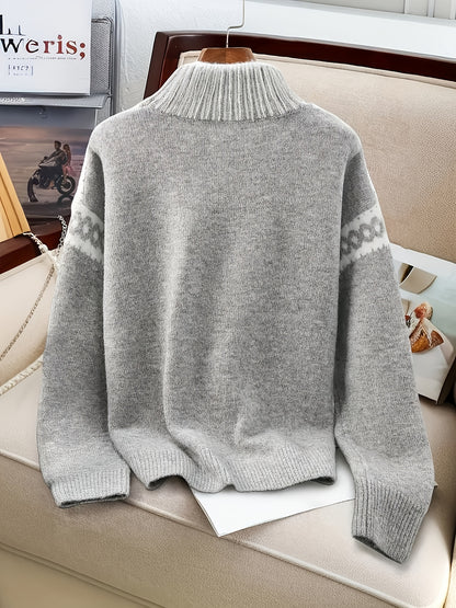 Nordic Snowflake High Neck Sweater, Gray Embossed Knitwear · Lazy Style Loose Fitting Design for a Slender Look Winter Layering Versatile Piece Gentle Feel Warm Comfortable Soft Texture