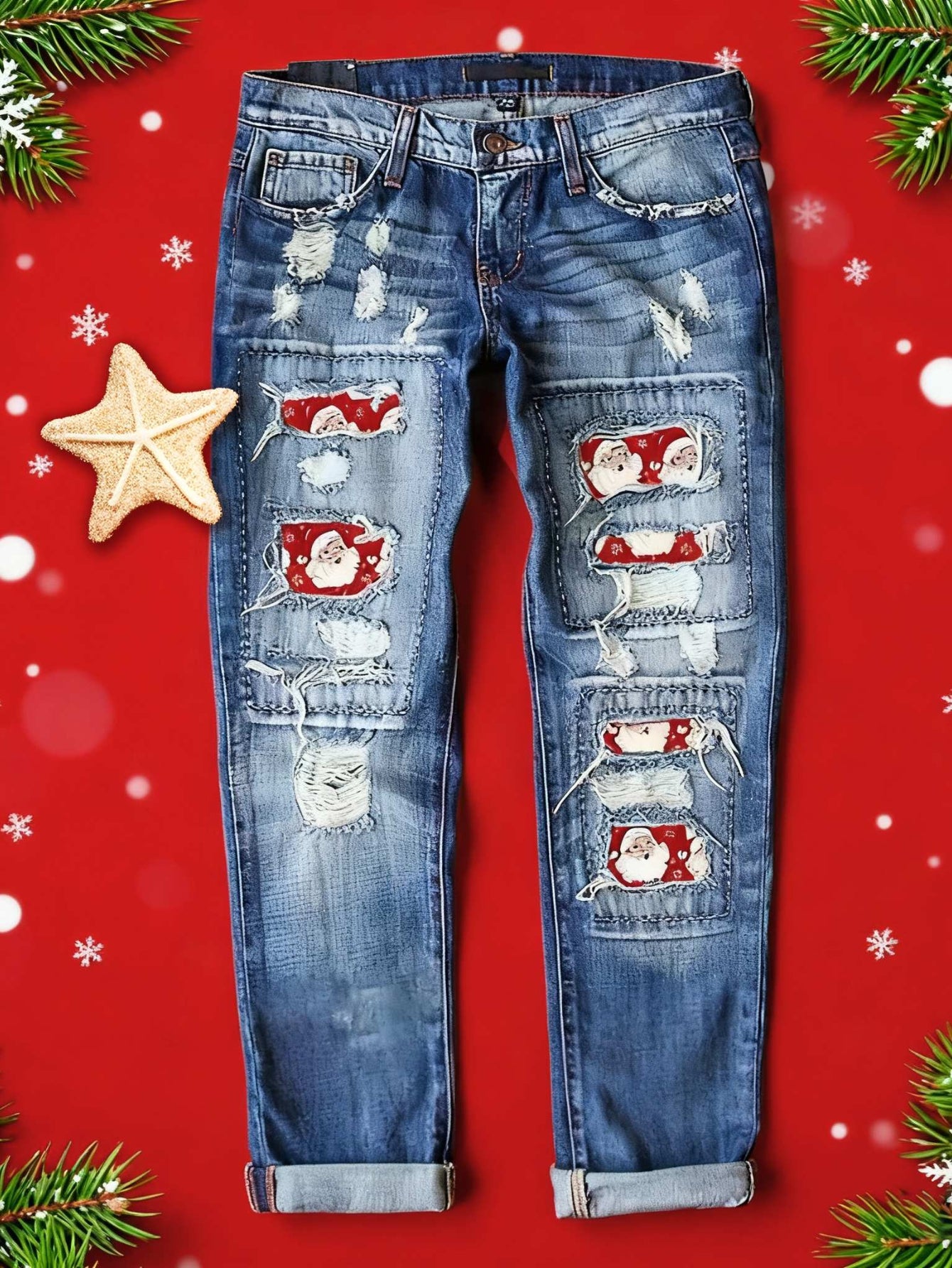 2025 Women's Jeans  Street Ripped Christmas Santa Claus Printed Patch Straight Trousers
