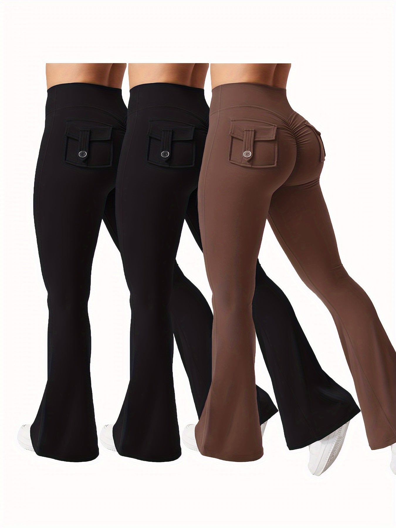 Christmas Apparel, Halloween 3pcs Set in Black, Gray, and Green: Fashionable Workwear-Style Flared Pants, Women's Casual Flared Pants, High-Waist Pocket Joggers, Workwear-Style Peach Butt Pants, Quick-Dry Sports Tummy Control Butt-Lifting Flared