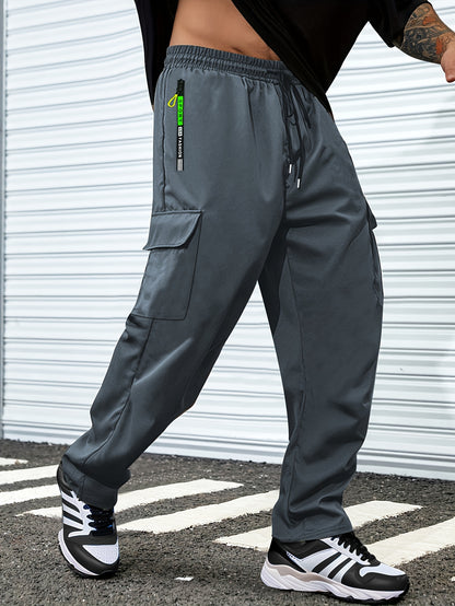 1pc Men'S Spring/Fall Cargo Pants with Large Zipper Pockets & Drawstring Waist - Olive Green Casual Outdoor Joggers for Hiking, Daily Wear, and Leisure Activities, Jogging Pants, Straight Leg Fit