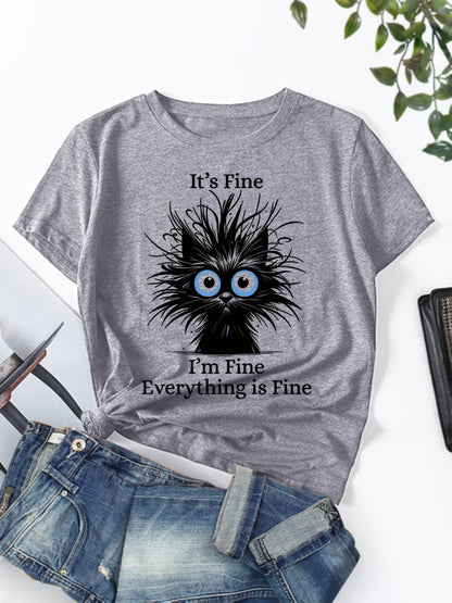 Whimsical "It's Okay, I'm Fine, Everything's Fine" Women's Cat Print T-shirt - Light Blue, Casual Version, Round Neck, Short Sleeve, Polyester, Machine Washable