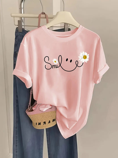 Plus Size Women's Light Blue Smiling Daisy & Smile Letter Print T-Shirt - Soft Breathable Short Sleeve Round Neck Top, Casual Spring Summer Blouse with White Daisies & joyful Face Design, Machine Washable Casual Attire for Parties & Picnic