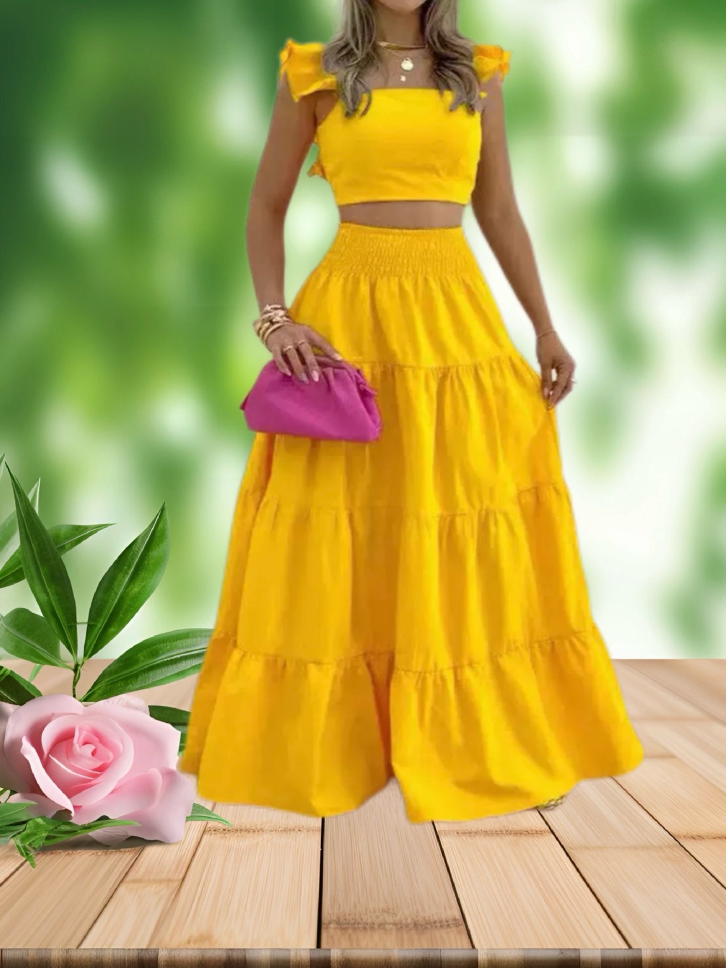 22024 (1pc) Summer Blooms Two-Piece Set - Womens Ruffled Crop Top & Flowy Maxi Skirt Ensemble, Elegant Occasion Wear