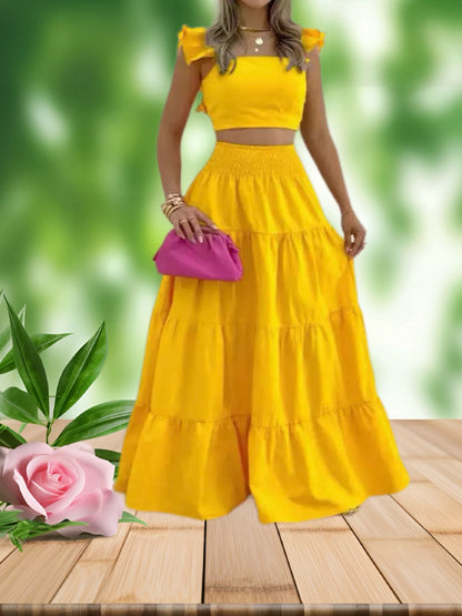 22024 (1pc) Summer Blooms Two-Piece Set - Womens Ruffled Crop Top & Flowy Maxi Skirt Ensemble, Elegant Occasion Wear