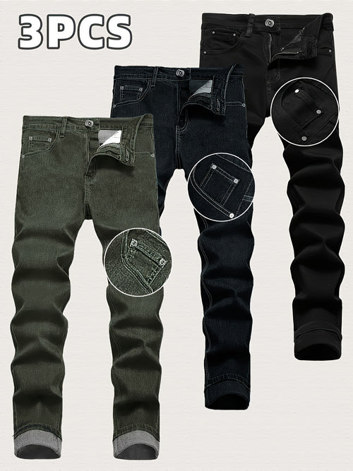 3 Pack Men'S Slim Fit Denim Jeans - Stretch Comfort, Trendy Streetwear Style, Fashion Casual Trousers