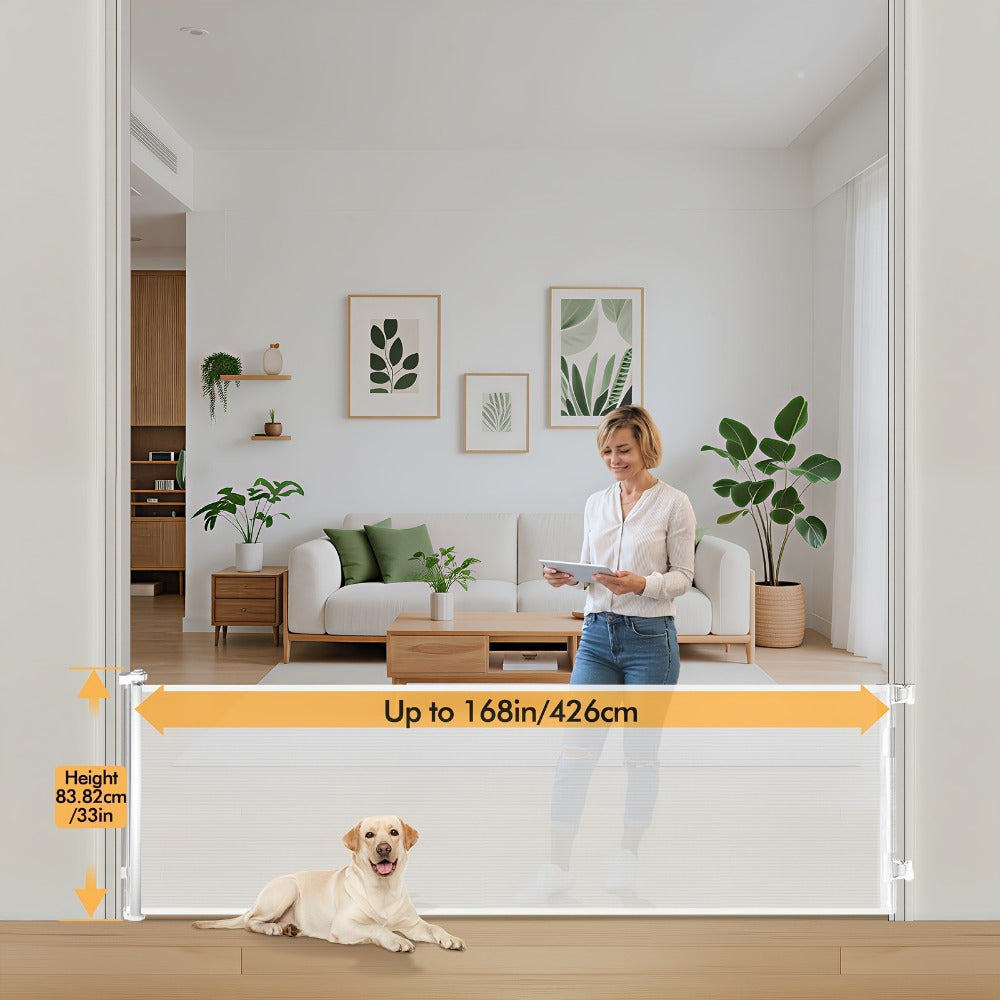 Retractable Mesh Safety Gate - 33/41 Inch Tall - Hardware-mounted expandable mesh design