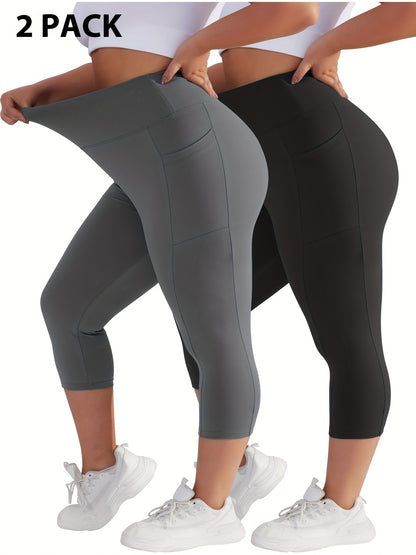 Plus Size - 2pcs Set - Plus Size High-Waisted Pocket Capri Pants - Soft Suitable for And Workouts - Elegant Style - New Spring And Summer Collection - Targeted Design