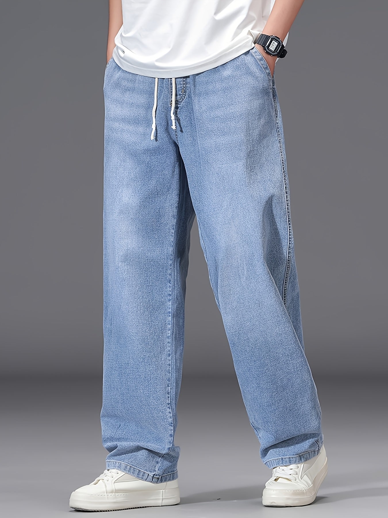 Large Size Jeans Men's Straight Leg Loose Fit Elastic Pants with Added And Extra Pants Elastic Waist Men's Simple And Versatile Denim Pants Men's Jeans Four Season Style, PLUS SIZE