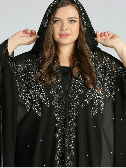 A Batwing Sleeve Shawl Wrap Adorned with Royal Blue Rhinestones, Inspired by Middle Eastern Styles. This Plus-Size Semi-Sheer Tunic Features a Loose Fit, Beaded Accents, And a Slit Hem, Perfect for Summer Weddings, Parties, And Cultural Gatherings