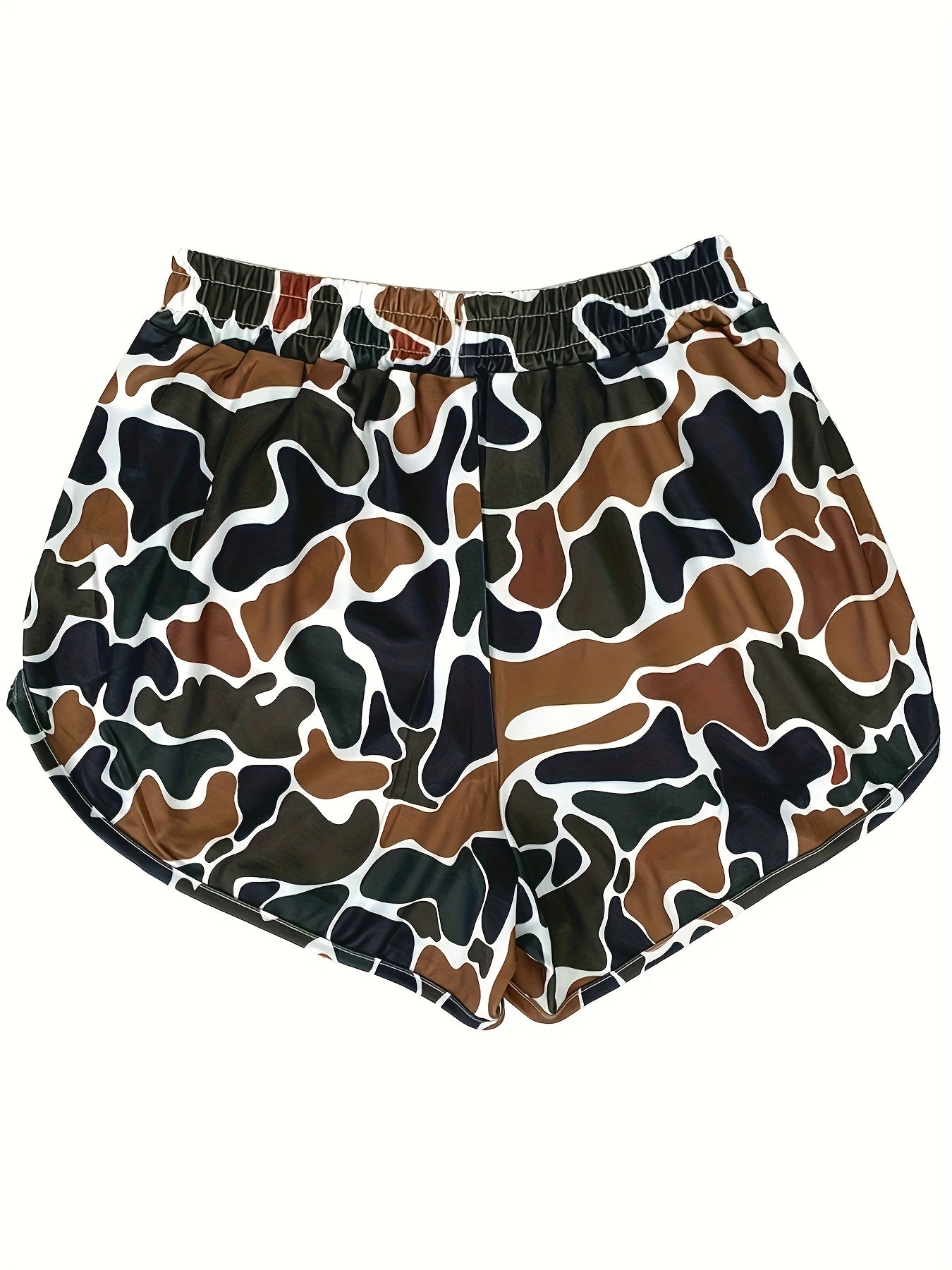Camouflage Shorts - Green Brown Camo Elastic Waist with Drawstring, Durable Polyester Shorts Suitable for Park Strolling, Home & Outdoor Activities, Spring Summer Casual Wear, Camo Shorts for Everyday Use