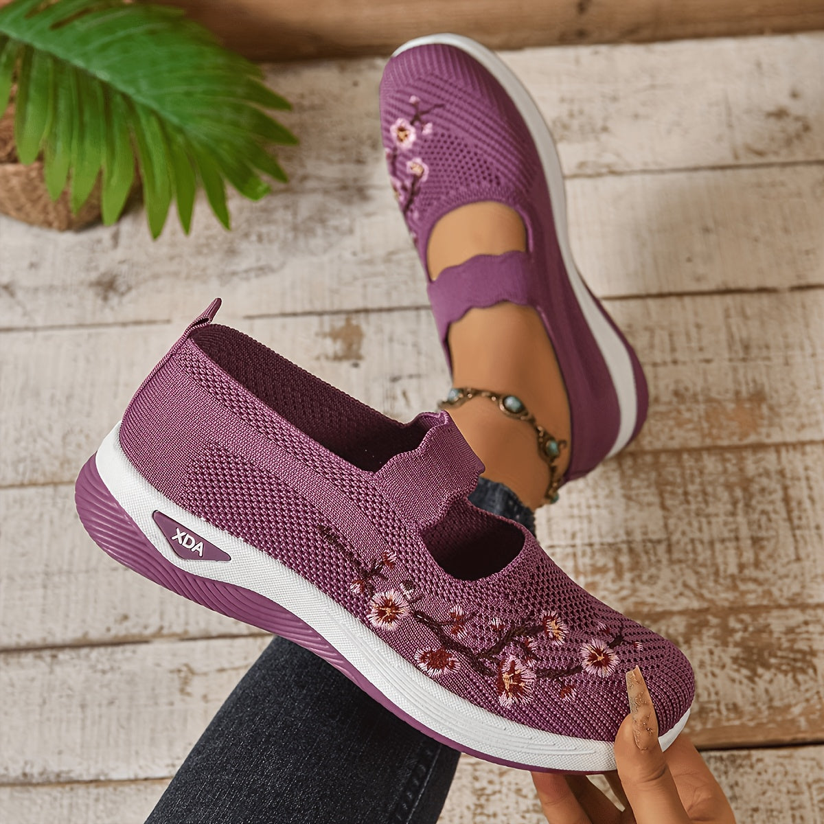 Women'S Orthopedic Walking Shoes for Nurses with Arch Support- Flower Embroidered Slip On Sneakers Featuring Breathable Knit Upper, Non-Slip Sole and Plush for All Day Comfort on Shift