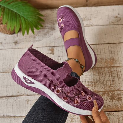 Women'S Orthopedic Walking Shoes for Nurses with Arch Support- Flower Embroidered Slip On Sneakers Featuring Breathable Knit Upper, Non-Slip Sole and Plush for All Day Comfort on Shift