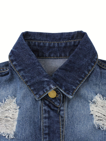 Women's Casual Ripped Washed Blue Patch Pocket Slim Fit Long Sleeve Distressed Denim Jacket