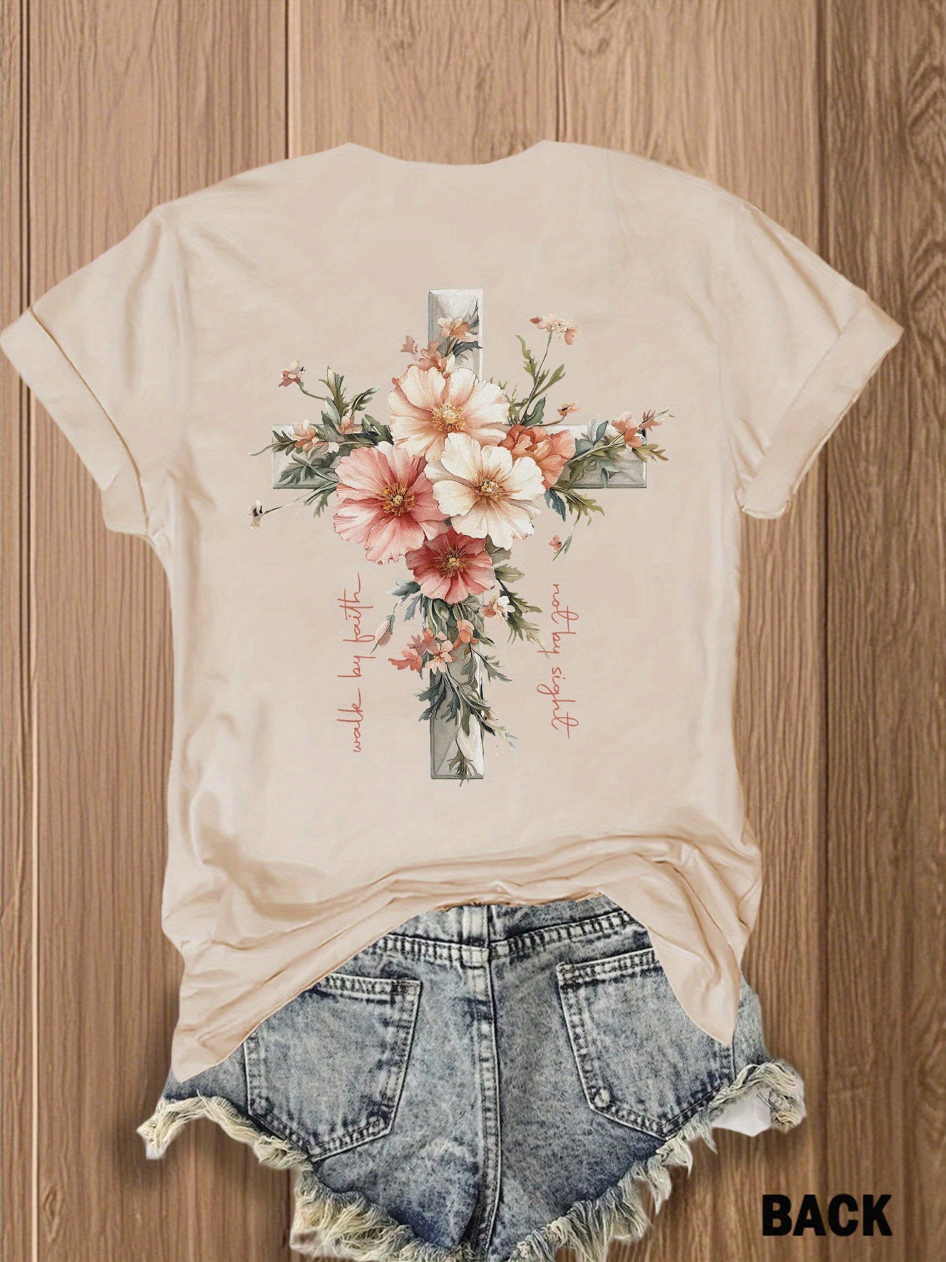 Jesus Floral Cross Double-Sided Print T-shirt - Stylish Faith-Inspired Design for Casual Wear, Perfect for Christian Women, Trendy and Comfortable -blend T-shirt with Double-sided Print
